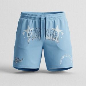 Ghost Stay Wild Graphic Mesh Shorts Mens L Light Blue Y2K Streetwear Drawstring